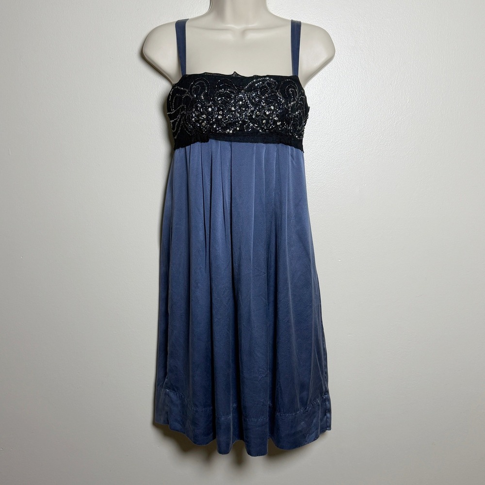 BCBGMAXAZRIA Silk Beaded Empire Waist Cocktail Dress Blue Black 2 Event Glam Y2K